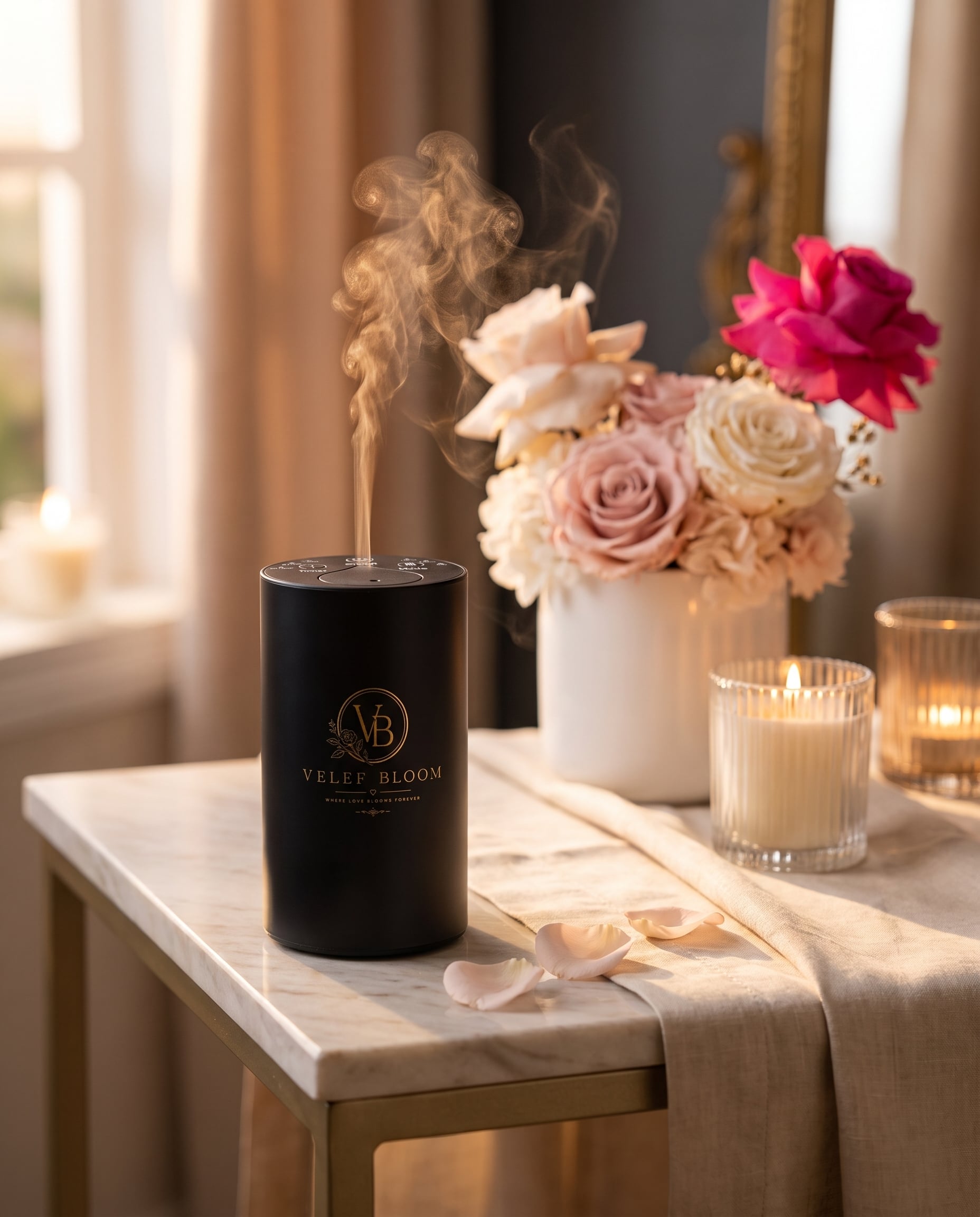 Black Velef Bloom aroma diffuser on a marble console beside preserved roses and a lit candle, releasing a wisp of vapour