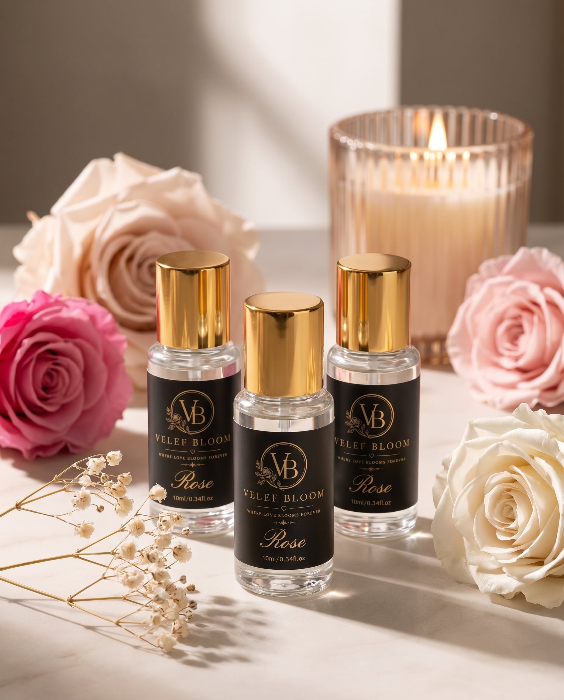 Three 10ml Velef Bloom essence oil bottles with gold caps grouped on marble among preserved roses and dried gypsophila