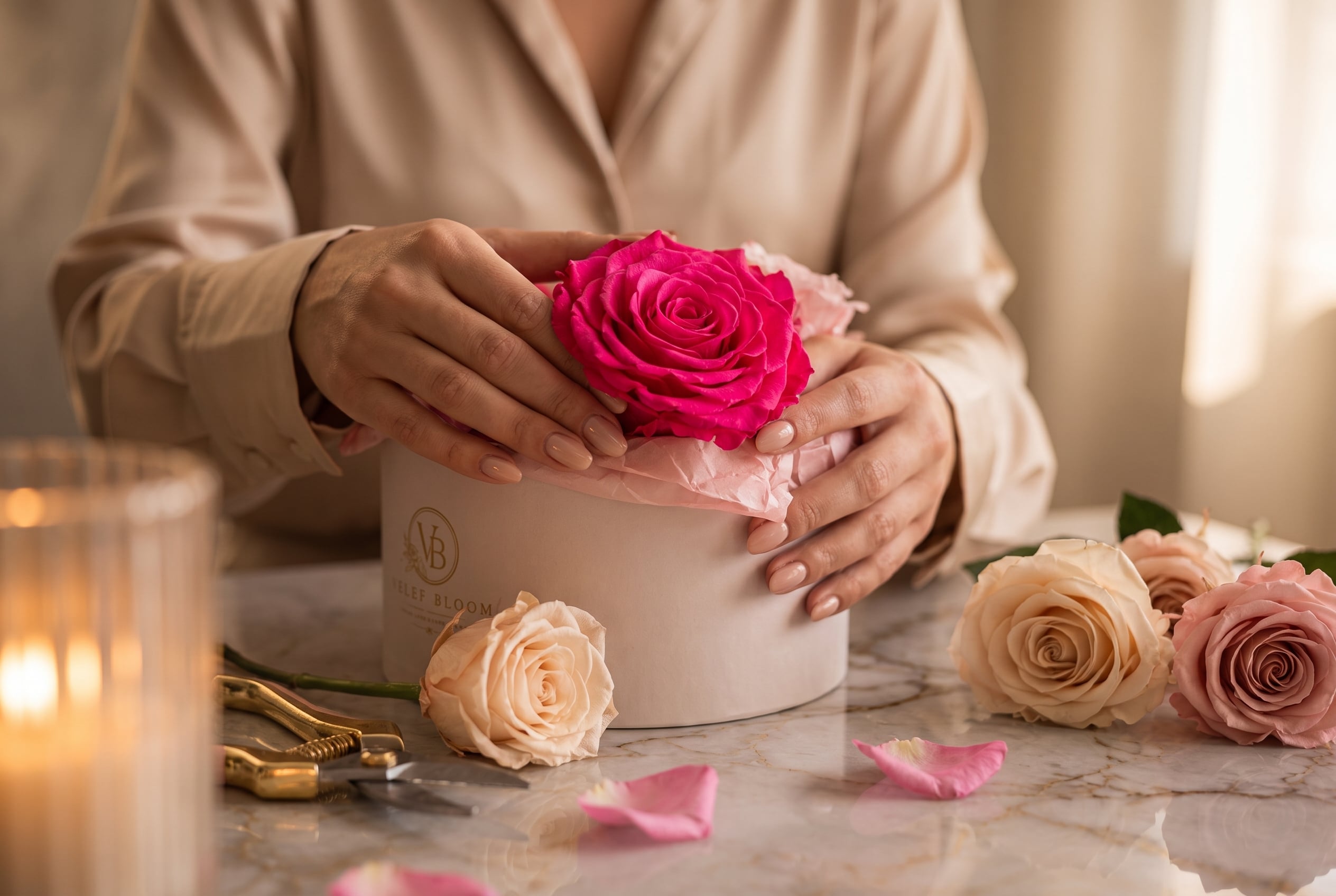 Hands placing a fuchsia preserved rose into a white Velef Bloom vessel