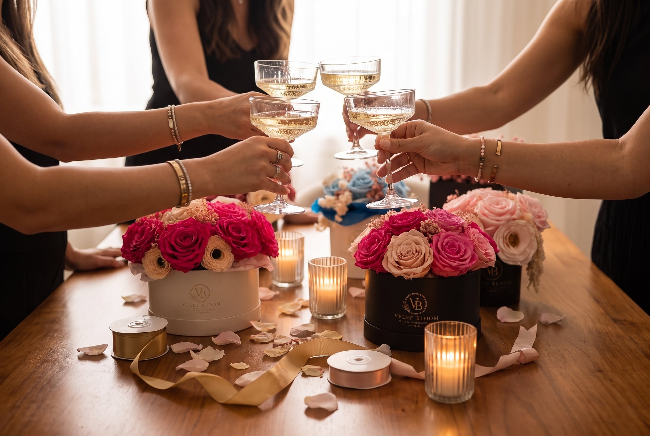 Guests raising glasses over a table of preserved roses at a ladies' night