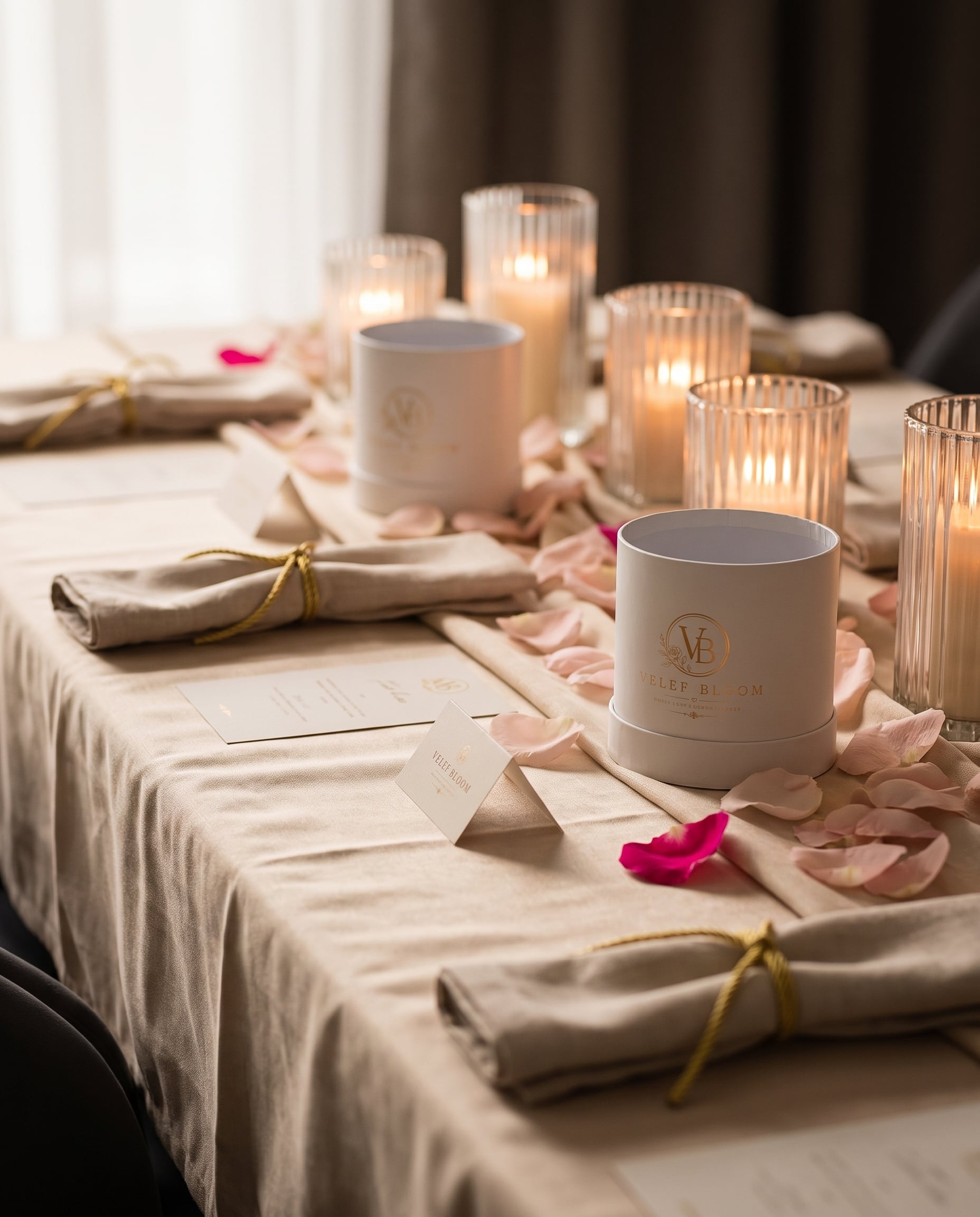 Champagne linen tablecloth set with napkins and empty white Velef Bloom vessels, waiting for guests