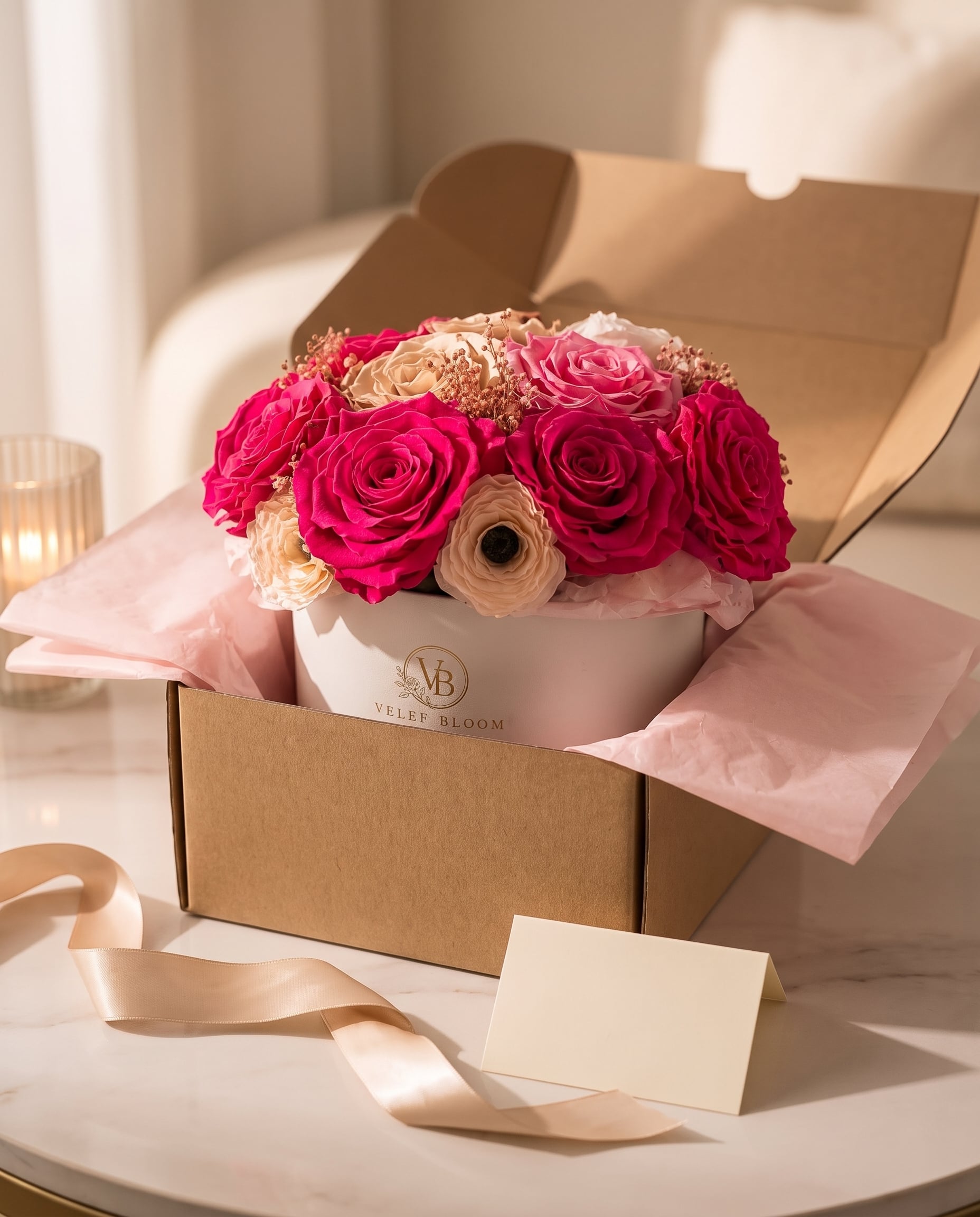 Finished preserved rose arrangement nested in a lined carry box with ribbon and a gift card