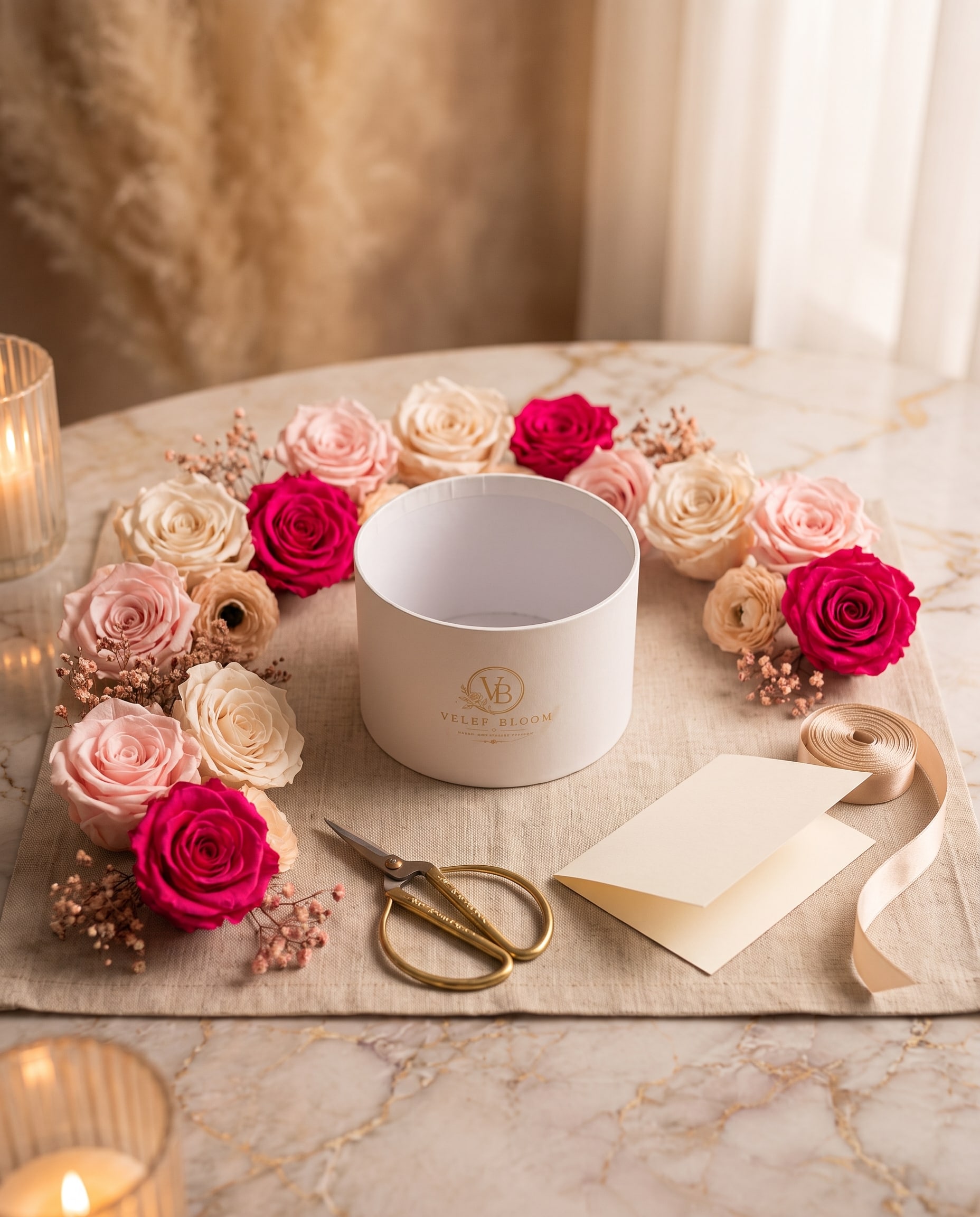 A place setting prepared for a floral experience: an empty Velef Bloom vessel ringed with preserved roses, gold shears and ribbon